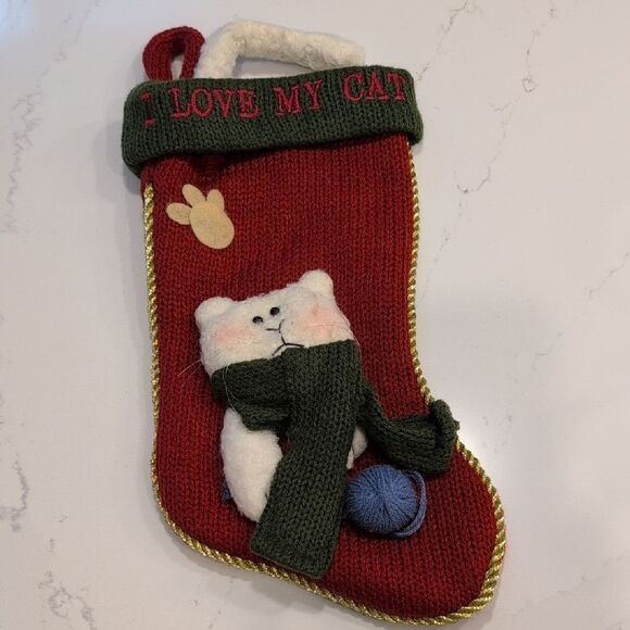 Chunky Knit Embroidered I Love My Cat Red And Green Christmas Stocking - Picture 9 of 9